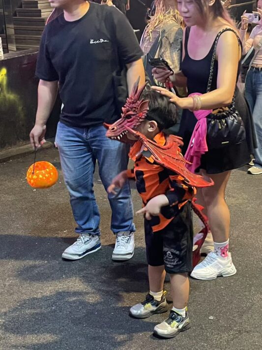 A boy in a dragon wings costume